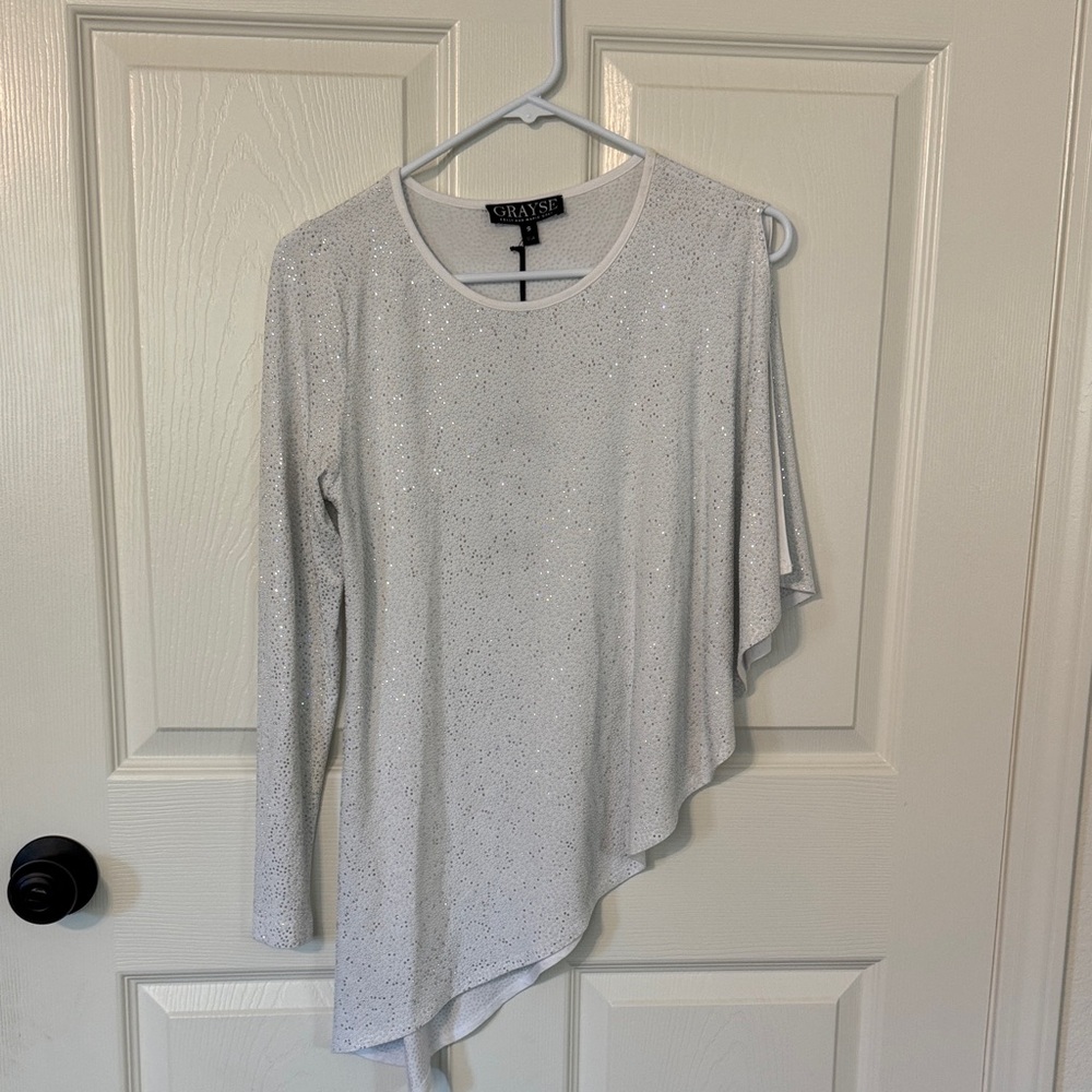 White Asymmetrical Sparkle Long-Sleeve Top